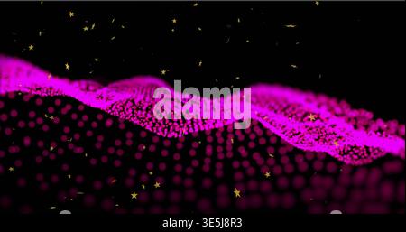 Flowing magenta particle wave sweeping across data void with front bokeh grid and gold flecks Stock Photo