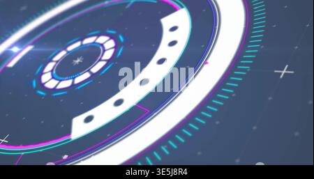 Rotating large circular HUD showing concentric rings with inner lit ring on dark plane, cyan ticks Stock Photo