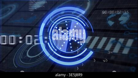 Displaying blue concentric HUD radar centered in control panel, showing rotating sectors and timer Stock Photo
