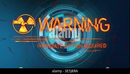 Displaying centered digital WARNING alert pulsing on HUD, showing radiation icon and glitch bars Stock Photo