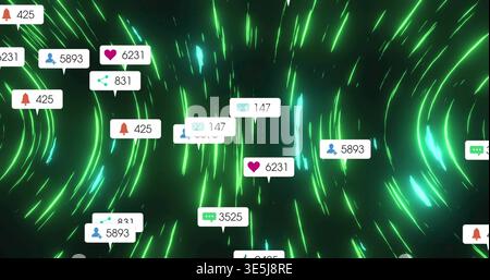 Floating cluster of white notification bubbles moving in cyber tunnel, displaying icons and counts Stock Photo