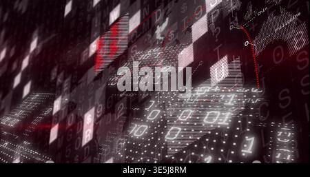 Glowing data wall moving in data corridor, showing binary and alphanumeric characters, tiles Stock Photo