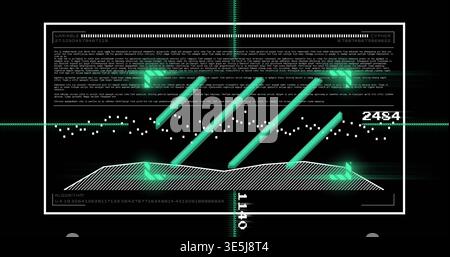 Displaying centered HUD panel projecting five teal beams on black field, showing numeric readouts Stock Photo