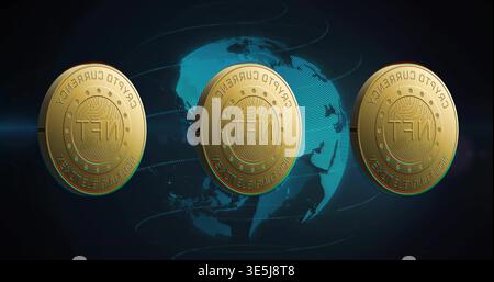 Displaying three gold crypto tokens spinning in virtual navy space, showing holographic blue globe Stock Photo