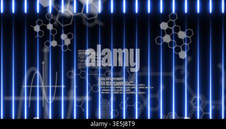 Displaying vertical blue neon bars forming grid in digital display, with waveform and hex motifs Stock Photo