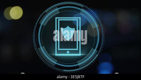 Displaying teal-blue phone icon glowing in dark backdrop, showing shield, HUD rings, bokeh Stock Photo