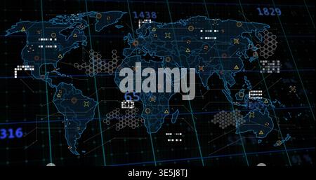 Displaying stylized blue world map on data console, showing hex clusters, markers, numeric labels Stock Photo