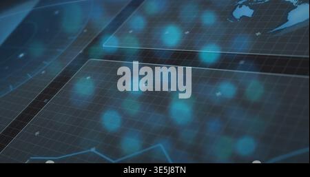 Central digital grid receiving live analytics feed, animating teal nodes and tracing line chart Stock Photo