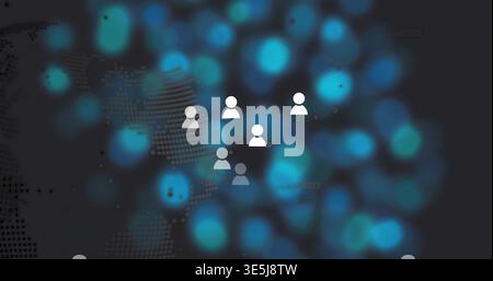 Displaying cluster of six user icons floating over dark digital interface, with halftone world map Stock Photo