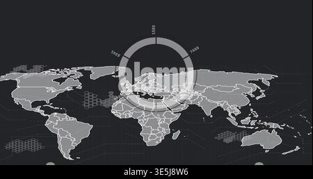 Displaying stylized world map with translucent radial chart on dark dashboard, showing hex clusters Stock Photo