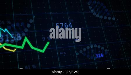 Displaying neon green zigzag line graph tracking data on trading dashboard, with 5764 markers Stock Photo