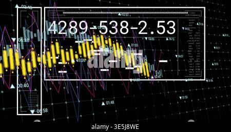 Displaying white-framed data panel on dashboard, showing yellow candlesticks and numeric readout Stock Photo