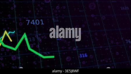 Displaying thick neon green zigzag line chart dominating dark dashboard, with numeric labels Stock Photo