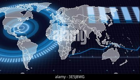Displaying stylized world map with country borders on dark grid dashboard, with radar waveform Stock Photo