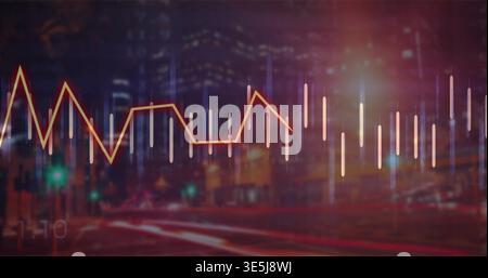 Displaying glowing orange market line graph moving across downtown night street with luminous bars Stock Photo