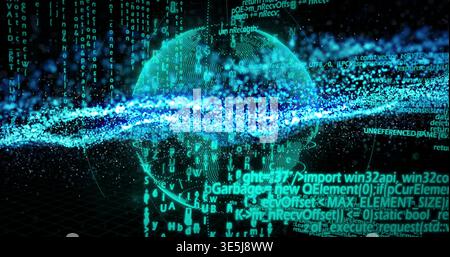 Rotating glowing 3D globe cutting bright particle ribbon in virtual space, with floating code Stock Photo