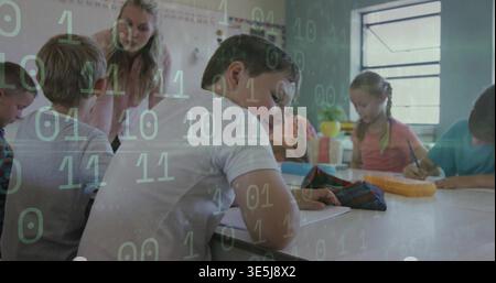 Leaning boy in white T-shirt writing in notebook at classroom table, binary overlay Stock Photo