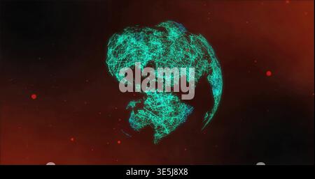 Rotating stylized globe forming teal lines in dark red space, showing glowing nodes and red glow Stock Photo