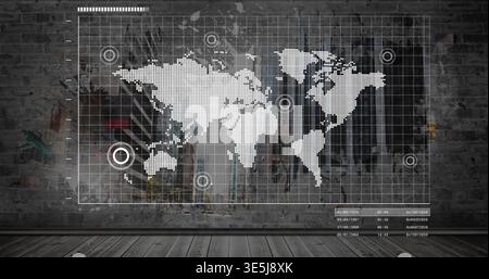 Displaying dotted world map graphic covering gallery wall, showing grid, target markers, data panel Stock Photo