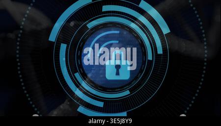 Displaying central blue padlock icon glowing inside cyber HUD, with binary code overlay Stock Photo