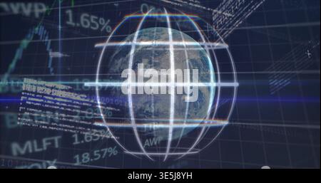 Rotating central Earth globe glowing inside wireframe sphere at data dashboard, showing percentages Stock Photo