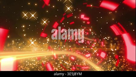 Glowing spiral of red panels drawing eye through abstract dark tunnel, with golden ribbon Stock Photo