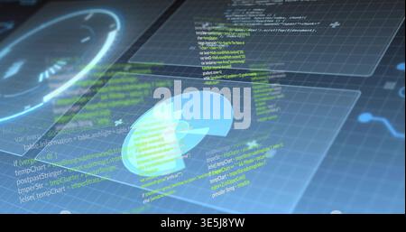 Displaying holographic petal-style pie-chart floating on grid plane, with code, gauge, panels Stock Photo