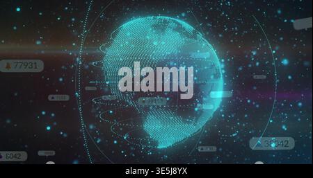 Rotating hologram globe showing dot-wireframe in data space, orbital rings, badges, particles, HUD Stock Photo