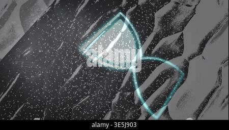 Hovering cyan hourglass outline glowing over striated field with white dots and diagonal streaks Stock Photo