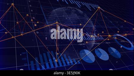Displaying data visualization in virtual dashboard, showing dotted globe, blue bars, orange line Stock Photo