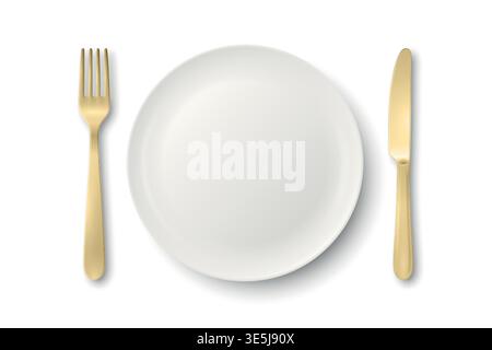 Vector White Empty Plate with Fork and Knife. Table Setting Top View. Minimal Dinnerware Mockup for Restaurant Menu. Clean Ceramic Dish and Golden Stock Vector