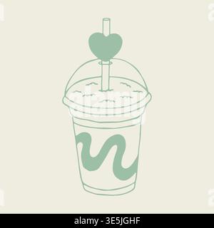 Hand drawn vector of a refreshing smoothie in a plastic cup with a dome lid and heart straw. Minimalist cold beverage illustration with wavy patterns Stock Vector