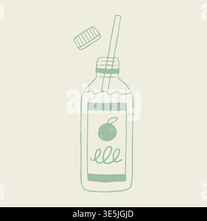 Hand drawn vector of an orange juice glass bottle with an open cap and a drinking straw inside. Clean line art illustration featuring a minimal citrus Stock Vector