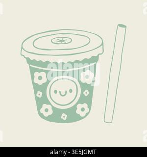 Hand drawn vector of a cute iced coffee takeaway cup with a smiley face and a separate drinking straw. Minimalist line art beverage illustration with Stock Vector