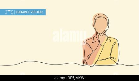 Vector illustration of a thoughtful person making an important decision, depicted with a continuous line graphic style. Stock Vector
