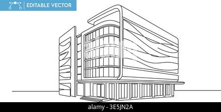 Continuous line drawing of a modern, multi-story office building vector illustration with contemporary design elements. Stock Vector