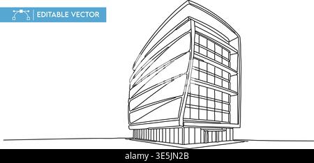 Modern continuous line art illustration of a sleek, contemporary commercial building with curved architecture. Stock Vector