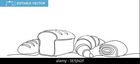 Continuous line vector illustration featuring an assortment of fresh bakery bread and pastries design. Stock Vector