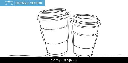 A continuous one-line drawing of two disposable takeaway coffee cups with lids, an elegant vector illustration graphic. Stock Vector