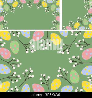 Social media post templates of Easter Eggs and sprigs Top, Corner and Rectangular Frame border Set. Copyspace. Vector illustration Easter Holiday promo post template, banner, leaflet, label, price tag Stock Vector