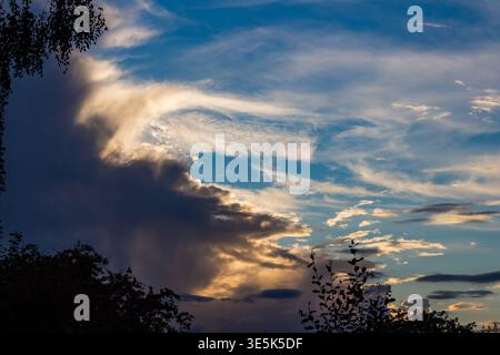 Dramatic evening sky with dynamic dark storm clouds contrasting bright golden hues and blue sky. Silhouetted tree branches frame the vibrant display Stock Photo