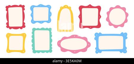 Doodle frame border hand drawn cute set. Fun doodle frame border square, rectangle line photo picture shapes. Cute cartoon children kids squiggly scrapbook stamp simple card. Vector illustration Stock Vector