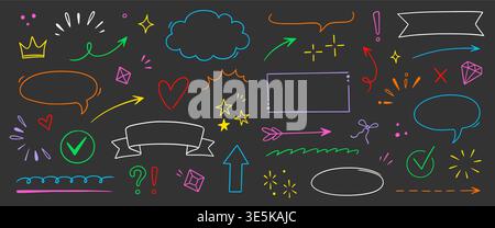 Cute arrow, star, frame hand drawn line set. Cute arrow line hand drawn heart underline dairy element icon. Star frame, doodle cloud marker sketch cartoon children colorful love. Vector illustration Stock Vector