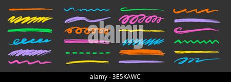 Line color brush crayon set. Underline brush crayon hand drawn pencil pen stroke marker color..Kid children doodle scribble wavy squiggle highlight texture grunge background. Vector illustration. Stock Vector
