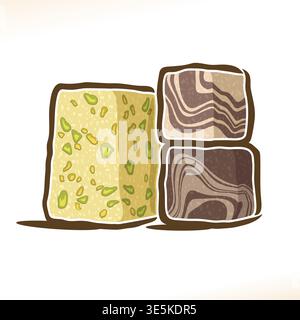 Vector logo for turkish Halva, heap of 3 sliced cubes with pistachio nuts and layered chocolate and tahini oriental dessert, on white background Stock Vector