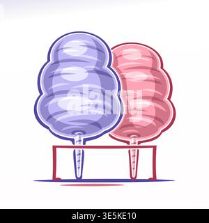 Vector logo for Cotton Candy, poster with 2 fluffy sugar dessert for kids, illustration of sweet cloudy treat of blue and pink color in holder Stock Vector
