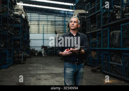 Supervisor with tablet and radio standing in automotive engine spare parts storage warehouse Stock Photo