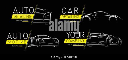 Sleek Automotive Branding Templates with Elegant Car Outlines on Black Background - vector illustration Stock Vector