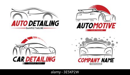 Set of Modern Car Detailing Logo Templates with Sport Vehicle Silhouettes on White Background - vector illustration Stock Vector
