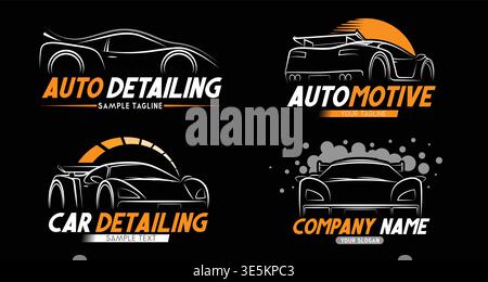 Collection of Automotive Logos with Stylized Sports Cars and Speedometer Elements on Black Background - vector illustration Stock Vector